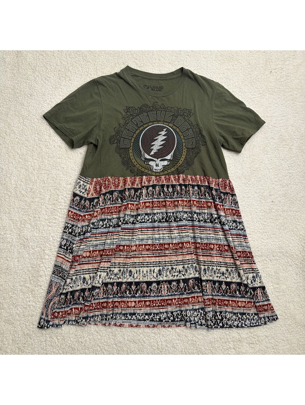 Liquid Blue Grateful Dead T Shirt Dress M Steal Your Face Olive Boho Band Tee